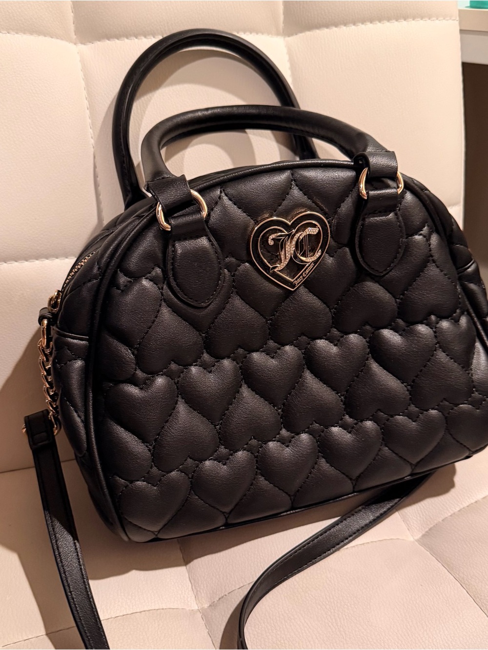 Juicy Couture Black Quilted Heart Satchel Handbag with Gold Accent